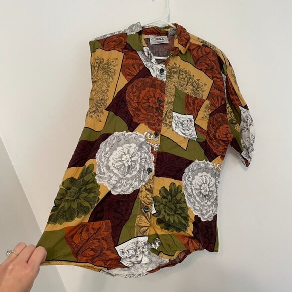 VINTAGE VTG KOALA Burgundy Multi Geometric Patchwork Short Sleeve Button Down L - Picture 8 of 12